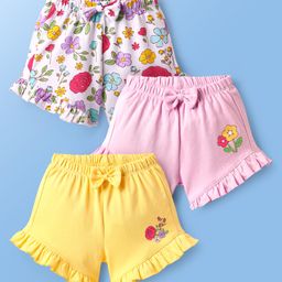 Babyoye Interlock Knit Floral Printed Shorts With Bow & Eco Jiva Finish Pack Of 3 - Pink Yellow & Bright White-image-91
