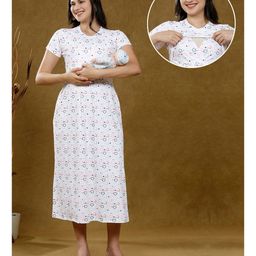 True Shape Half Sleeves Hearts Printed Maternity Gown With Nursing Access - Purple & White-image-90