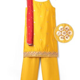 Pine Kids Woven Singlet Sleeves Floral Sequin Embroidered Kurta & Salwar Set with Dupatta - Mustard-image-73