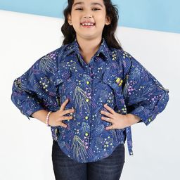 ISHTI Three Fourth Batwing Sleeves Floral Printed Shirt Style Top - Blue-image-20