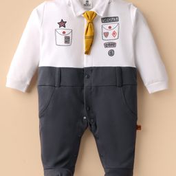 Mini Taurus Interlock Knit Full Sleeves Footed Romper with Tie & Print - Charcoal Grey & White-image-76