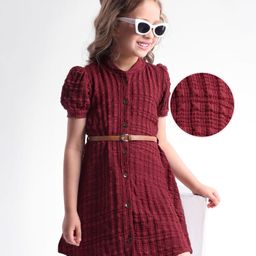 Hola Bonita Knit Half Sleeves Textured Dress With Belt - Wine-image-86