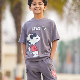 Nap Chief Pure Cotton Peanuts Featuring Half Sleeves Snoopy Printed Tee & Coordinating Cargo Shorts Set - Charcoal Grey-image-66