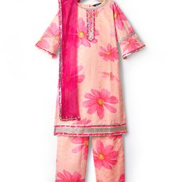 Pine Kids Woven Three Fourth Sleeves Floral Printed Kurta Churidar Set With Dupatta - Pink-image-54