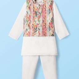 Babyhug Cotton Woven Full Sleeves Kurta Pajama Set With Printed Jacket - White-image-111