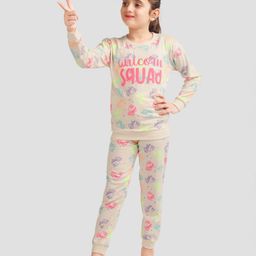 Plum Tree 100% Cotton Knit Full Sleeves Unicorn Printed Tee With Coordinating Joggers Set - Off White-image-53