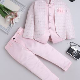 Fourfolds Satin Woven Full Sleeves Floral Embroidered & Sequins Embellished Jodhpuri Blazer & Trousers Set - Pink-image-11