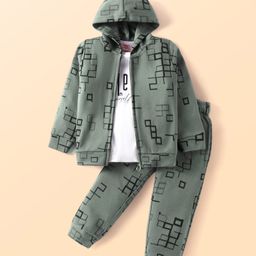 Rikidoos Full Sleeves Abstract Printed Jacket With Tee & Joggers Set - Green & White-picture-38