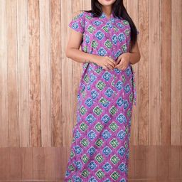 CLYMAA Purple Cotton Blend Maxi Printed Nightdress-image-86