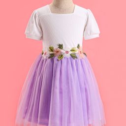 Mark & Mia Net Woven Half Puffed Sleeves Party Frock with Floral Applique - Lavender image 3