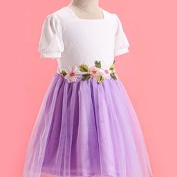 Mark & Mia Net Woven Half Puffed Sleeves Party Frock with Floral Applique - Lavender image 4