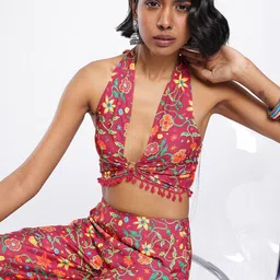 glitchez Floral Printed Halter Neck Smocked & Pom Pom Detail Crop Top With Trousers-picture-43