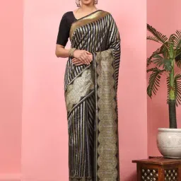 Silk Land Art Silk Black Striped Saree With Blouse-picture-3
