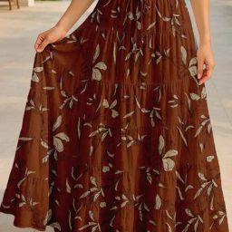 Moomaya Dark Brown Regular Fit Floral Skirt with Pockets-picture-34