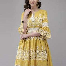 Ishin Yellow Cotton Embroidered A-Line Dress-image-43