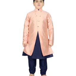 SG Yuvraj Kids Peach & Blue Textured Pattern Full Sleeves Kurta Set-image-46