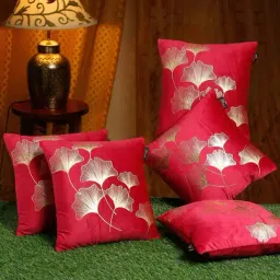HOSTA HOMES Red & Golden Velvet Zippered Cushion Cover - Set of 5-image-73