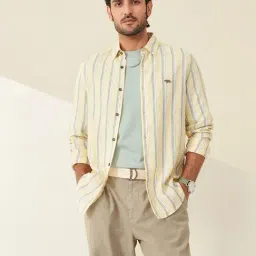 Andamen Yellow Linen Regular Fit Stripe Shirt-image-41