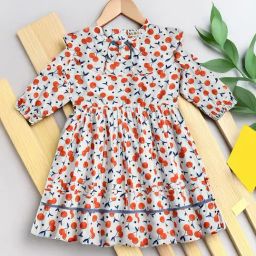 Bella Moda Girls White Cotton Three Fourth Sleeves Floral Printed Dress-image-90