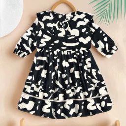 Bella Moda Girls Black Cotton Three Fourth Sleeves Abstract Printed Dress-image-45