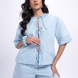 glitchez Magical Tie-Ups Cotton Drop-Sleeves Poplin Relaxed Top & Shorts with Scrunchie-27