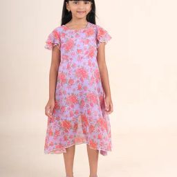 Kiddopanti Girls Light Violet Floral Print Dress-image-16