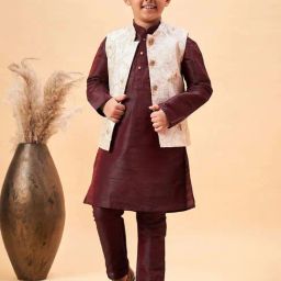 VASTRAMAY Boys Beige & Wine Embroidery Full Sleeves Kurta Sets-image-46