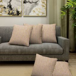 Aura Purple & Yellow 5 Pieces Checked Cotton Square Cushion Covers-image-86