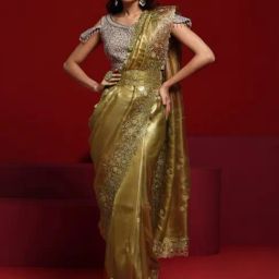 Libas Art Golden Embroidered Saree With Unstitched Blouse-image-26