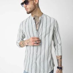 Vastrado Green Cotton Relaxed Fit Striped Shirt-image-10