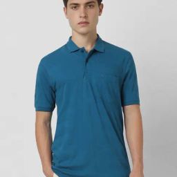 Peter England Blue Cotton Regular Fit Striped Polo T-Shirt-image-35
