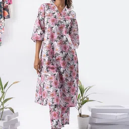 Moda Rapido Women Floral Printed Regular Pure Cotton Kurta with Trousers-46