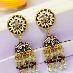 FEMMIBELLA Gold-Plated Beaded Dome Shaped Meenakari Jhumkas-4