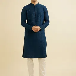 Manyavar Floral Embroidered Chikankari Mandarin Collar Straight Kurta With Trousers-image-92