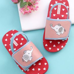 Babyoye Flip Flops Velcro & Backstrap Closure With Heart & Elephant Print - Red-image-8