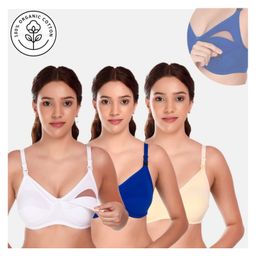 Elite Mom Pack Of 3 Solid Maternity Nursing Bra  - White Blue & Skin-picture-29