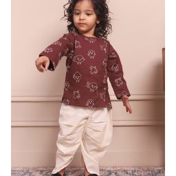 Polka Tots Full Sleeves Bird Embroidered  Kurta   With Dhoti - Wine-image-76