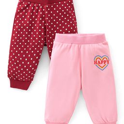 Babyhug Cotton Full Length Lounge Pants Dot & Text Print Pack of 2- Red & Pink-image-18