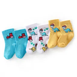 Cute Walk By Babyhug Anti-Bacterial Ankle Length Socks Dino & Tractor Design Pack Of 3- White Yellow & Blue-picture-49