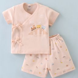 Zero Interlock Half Sleeves Night Suit Train Print - Peach-image-59