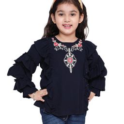 ISHTI Frill Sleeves & Floral Embroidered Top - Navy Blue-image-85