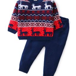 Babyhug Knit Full Sleeves Sweater Set With Reindeer Design - Navy Blue-image-83