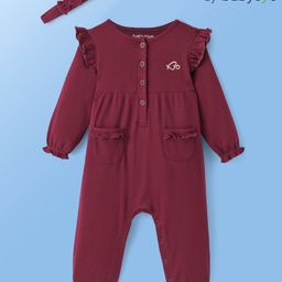 Babyoye Cotton Knit Full Sleeves Solid Color Rompers With Headband -Maroon-picture-26