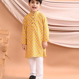 Kinder Kids Full Sleeves Plants Printed Kurta With Pajama Set - Yellow-image-42