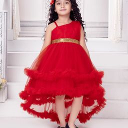 Ministitch Net Sleeveless Sequin Embellished High Low Dress - Red-image-60