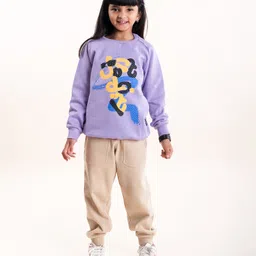 Kiddopanti Fleece Full Sleeves Abstract Art Printed Sweatshirt & Track Pant Set - Lavender & Beige-picture-0