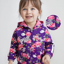 Babyhug Cotton Knit Full Sleeves Hooded Front Open Sweatjacket with Floral Print & Sequin Embroidery - Purple-image-23