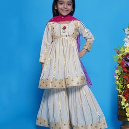 Little Bansi Full Sleeves Striped Foil Printed Kurta With Attached Jacket & Coordinating Sharara & Dupatta Set - Cream-picture-10