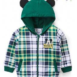 Babyoye Disney Terry Knit Full Sleeves Checkered Hooded Sweat Jacket with Front & Back Mickey Mouse Graphics and 3D Applique - Dark Green-image-83