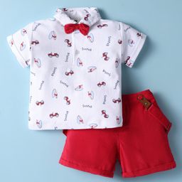 ToffyHouse Poplin Woven Half Sleeves Shirt & Shorts With Bow & Suspender & Vehicle Print - White & Red-18
